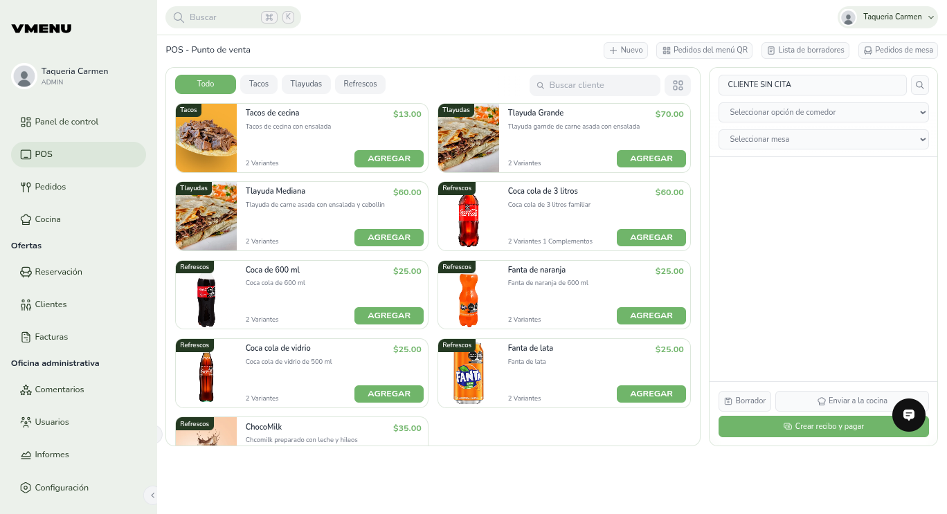 Dashboard POS de VMenu